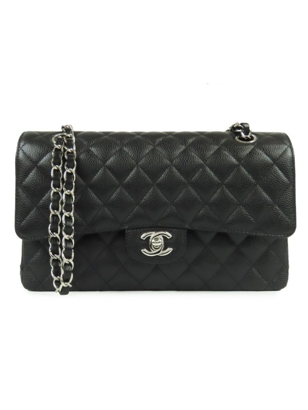 Chanel Classic Black Silver Caviar Leather Double Flap Chain Shoulder Bag